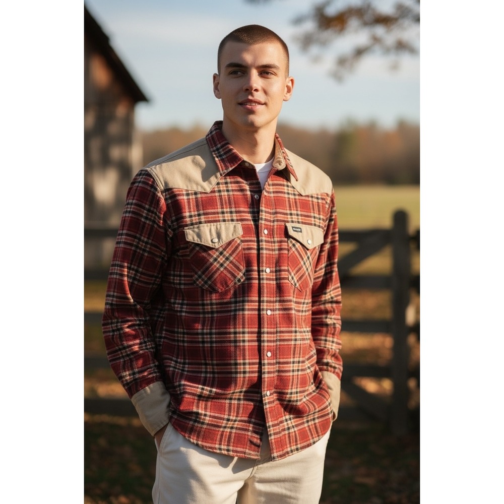 Wrangler Men Plaid Long Sleeve Western Shirt Red Tan Size M
